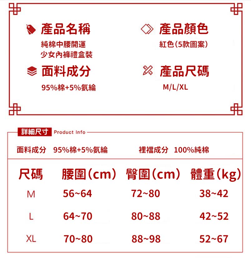 (3件裝)純棉中腰開運少女內褲禮盒裝(款式隨機發放) M/L/XL#本命年/紅內褲